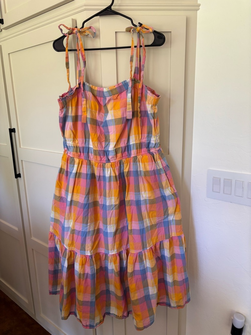 Free Assembly Cinch Waist Tie-Shoulder Plaid Midi Tiered Summer Sundress SizeXXL